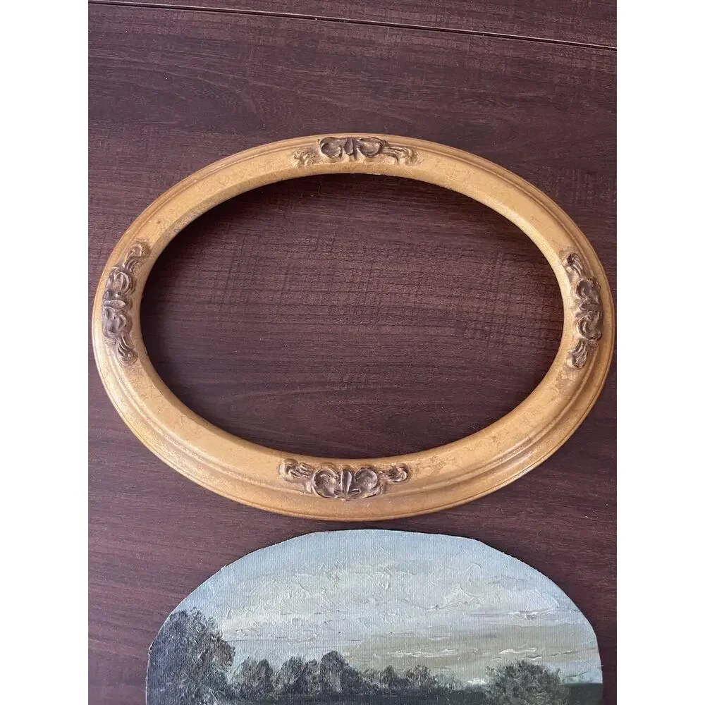 Vintage Wooden Oval Ornate Regency Victorian Framed Painting Of Horses